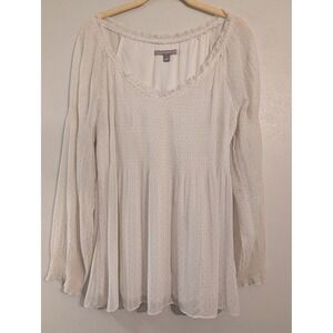 Valerie Steven Womens White Gold Pin Dot Smocked Babydoll Blouse Large L RN97884